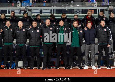 REYKJAVIK, ISLANDA - 11 OTTOBRE 2024: Squadra del Galles Doctor Rhodri Martin, fisioterapista del Galles Sean Connelly, Performance Coach del Galles Ryland Morgans, Foto Stock