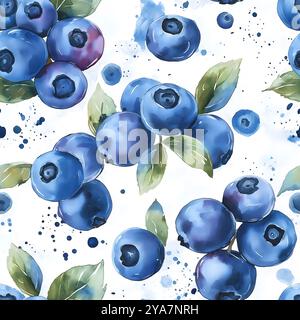 Splendido motivo ad acquerello di mirtilli in primo piano e foglie su sfondo bianco. Perfetto per tessuti, carta da parati e imballaggi. Botanico Foto Stock