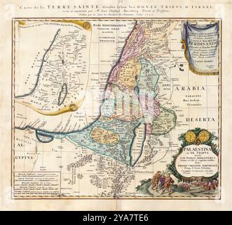 Mappa della Palestina pubblicata da Homannsche Erben 1750, le 12 tribù - autori Homann eredi & Johann Christoph Harenbergh - compresa l'illustrazione Foto Stock