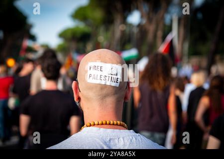 Roma, Italia. 12 ottobre 2024. Adesivo Palestina libera sulla testa calva. Migliaia di persone si uniscono alla marcia per le strade di Roma per sostenere la Palestina e il Libano, chiedendo "Stop Bombing" e "Palestina libera" (Credit Image: © Marco di Gianvito/ZUMA Press Wire) SOLO USO EDITORIALE! Non per USO commerciale! Foto Stock