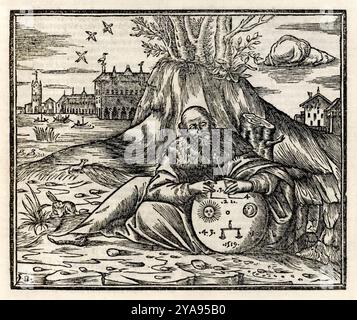 Illustrazione frontespizio dello «Scholar Astrologico» tratto da «Haly de iuditijs Preclarissimus in Juditijs Astrorum Albohazen Haly filius Abenragel Nouiter Impressus» pubblicato nel 1520 che mostra uno studioso sotto un albero con simboli celesti e una bussola. Foto Stock