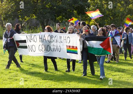 Viseu, PT, PORTOGALLO. 12 ottobre 2024. Viseu (PT) 10/12/2024 - LGBTQIA MARCH IN VISEU - la 7a marcia Viseu per i diritti LGBTQIA si è svolta sabato pomeriggio (12) a Viseu. "Con un garofano sul petto contro l'orgoglio e prejudiceÃ¢â‚¬Â è stato lo slogan scelto per la settima edizione dell'iniziativa che si è svolta per le strade della città per celebrare la comunità e il Ã¢â‚¬Å anniversario del 25 aprile 50. La marcia è organizzata dalla piattaforma Ja Marchavas. (Foto: Alexandre Gomes/Thenews2/Zumapress) (Credit Image: © Alexandre Gomes/TheNEWS2 via ZUMA Press Wire) EDITORIALE USA Foto Stock