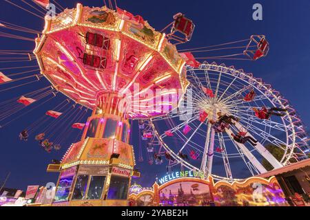 Giostra illuminata e ruota panoramica di notte in un vivace parco divertimenti, parco divertimenti, volo a onde, Cannstadter Volksfest, Stoccarda-Bad Cannstsdt, Baden Foto Stock