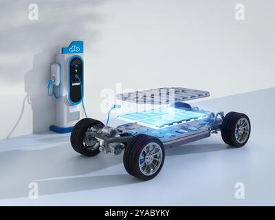 visualizzazione esplosiva di un'auto ev o di un veicolo elettrico con rendering 3d alla stazione di ricarica Foto Stock