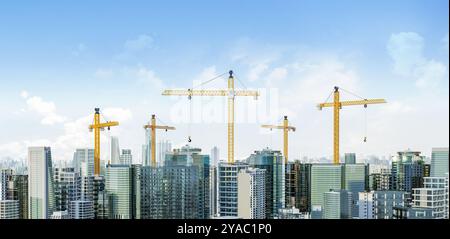 Città di sviluppo con esterno alto edificio 3d rendering con gru da costruzione Foto Stock