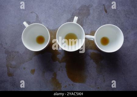 Ci sono tre eleganti tazze bianche che contengono residui di tè sedute su una superficie di cemento Foto Stock