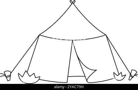 Tenda Vector in bianco e nero, archeologo o paleontologo. Icona teepee foresta isolata su sfondo bianco. Attrezzature da viaggio per la natura all'aperto Illustrazione Vettoriale