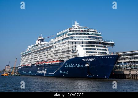 Amburgo, Germania - 09 05 2024: La nave da crociera Mein Schiff 1 ormeggiata nel porto di Amburgo Foto Stock