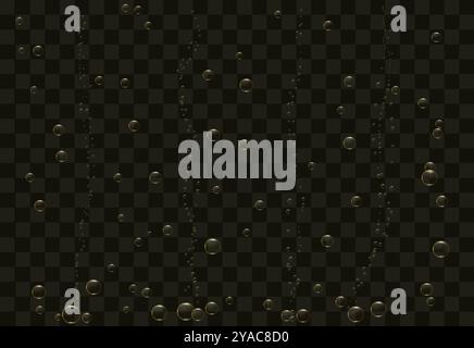 Bollicine dorate di champagne, birra o acqua frizzante si innalzano in cima. Vettore 3D realistico. Illustrazione Vettoriale