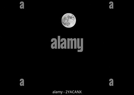 Una grande luna luminosa si sta alzando nel cielo notturno. Il cielo è buio e la luna è l'unica fonte di luce Foto Stock