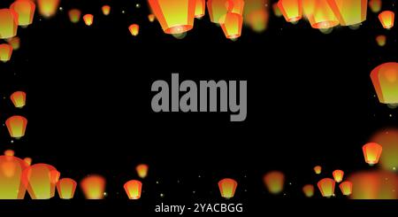 Lanterne che fluttuano nel cielo notturno. Vacanze in Thailandia con lanterne di carta che volano nel cielo notturno. Celebrazioni per il festival delle lanterne. Illustrazione vettoriale su sfondo nero. Illustrazione Vettoriale