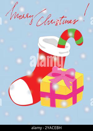 Buon natale con una calza rossa e una canna da zucchero. La calza è piena di regali e la canna da zucchero è sopra di esso. I fiocchi di neve entrano Illustrazione Vettoriale