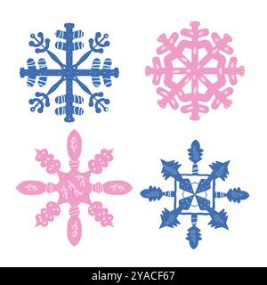 Set di fiocchi di neve. Illustrazione della collezione piatta disegnata a mano vettoriale isolata su sfondo bianco. Illustrazione Vettoriale