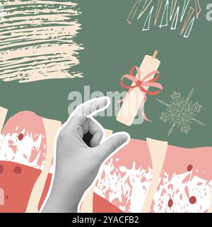 Banner collage natalizio con candela che cattura a mano. Tessera natalizia invernale con scarabocchi. Illustrazione vettoriale disegnata a mano. Illustrazione Vettoriale