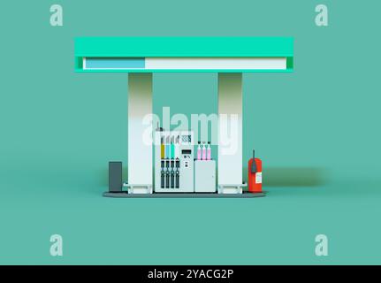 Vista frontale della stazione di servizio con check-out automatico con diverse opzioni di rifornimento, illustrazione 3D. Foto Stock