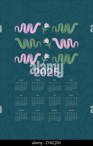 Calendario 2025 con serpenti carini. Stampa striscioni verticale. Illustrazione vettoriale scura Illustrazione Vettoriale