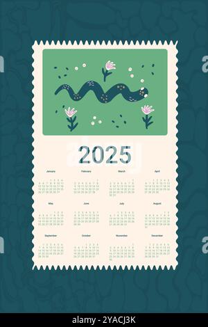 2025 Calendario con graziosi serpenti e fiori. Stampa organizer per striscioni verticale. Illustrazione vettoriale Illustrazione Vettoriale