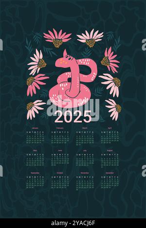 2025 Calendario con graziosi serpenti e fiori. Striscione verticale con il simbolo dell'anno e la stampa dei fiori conici. Illustrazione piatta vettoriale Illustrazione Vettoriale