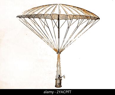 Un'illustrazione del XIX secolo del Parachute Descending di Garnerin - André-Jacques Garnerin (1769 – 1823) è stato un pallonista francese che divenne l'Aeronaut ufficiale di Francia dopo aver inventato il paracadute senza cornice. Nel 1802 fece un volo dimostrativo in mongolfiera in Piazza Grosvenor e una discesa con paracadute in un campo vicino a St Pancras - Illustration du XIXe siècle de la descente en parachute de Garnerin - André-Jacques Garnerin (1769 - 1823) était un aéronaute franceais qui devint aéronaute officiel de la France après avoir inventé le parachute sans cadre. Foto Stock