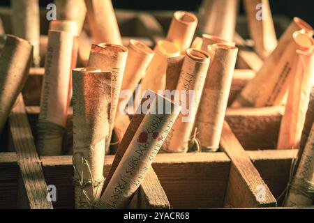 Primo piano di una biblioteca di scribi piena di rotoli magici in scatola di legno come sfondo mistico Foto Stock