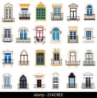 Raccolta vettoriale di Windows. Cornici per finestre in legno e plastica con elementi vintage e decorativi. Gruppo vettoriale Illustrazione Vettoriale