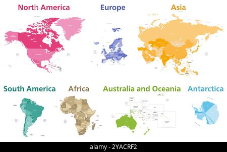 Tutti i continenti del mondo dettagliavano mappe politiche isolate con nomi di paesi, mari, oceani. I continenti sono proporzionati l'uno all'altro. Se vettoriale Illustrazione Vettoriale