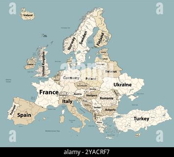 Mappa dell'Europa con divisioni amministrative confini. Tavolozza di colori beige tenui. Illustrazione vettoriale Illustrazione Vettoriale