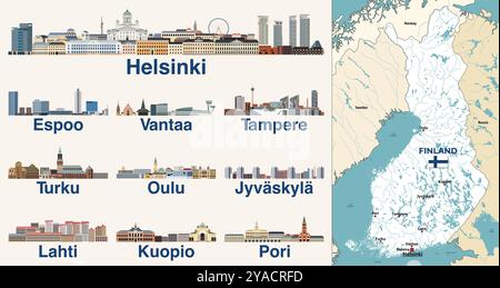 Mappa della Finlandia con le principali città. Le città più grandi della Finlandia si affacciano su orizzonti isolati. Gruppo vettoriale Illustrazione Vettoriale