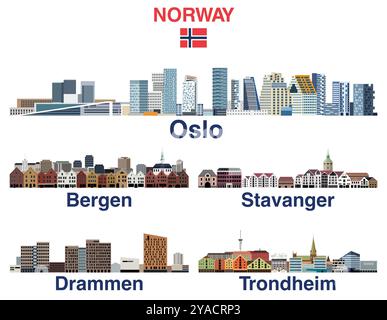 Le principali città della Norvegia sono rappresentate da illustrazioni isolate. Gruppo vettoriale Illustrazione Vettoriale