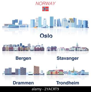 Le principali città della Norvegia sono caratterizzate da una tavolozza di colori delicati e freddi. Stile estetico in cristallo e fata. Gruppo vettoriale Illustrazione Vettoriale