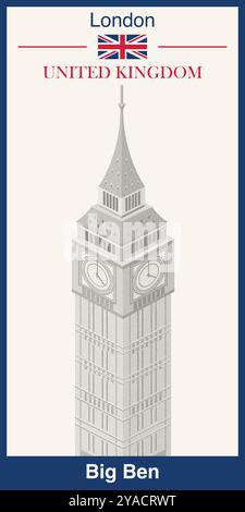 Illustrazione isometrica Big Ben realizzata con texture stipple, tecnica del puntinismo. Poster vettoriale Illustrazione Vettoriale