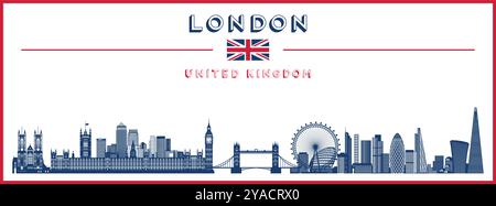 Poster di sagoma dello skyline di Londra nei colori della bandiera del Regno Unito. Illustrazione vettoriale Illustrazione Vettoriale