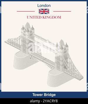 Illustrazione isometrica del Tower Bridge realizzata con struttura stipple, tecnica del puntinismo. Poster vettoriale Illustrazione Vettoriale