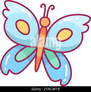 Una vibrante farfalla mostra le sue splendide ali blu con delicati dettagli gialli e un corpo arancione. Questa deliziosa illustrazione trasuda un gioco Illustrazione Vettoriale