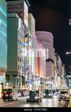 Vista in prospettiva compressa lungo la Gina di notte con l'edificio Mitsukoshi, Ginza Place e il complesso Ginza Six. La strada è trafficata. Foto Stock