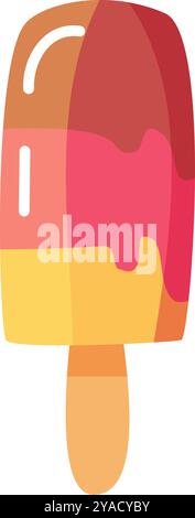 Un luccicante e colorato popsicle si scioglie su un tavolo di legno che mostra strati di rosso giallo e arancione, perfetto per una calda giornata estiva Illustrazione Vettoriale