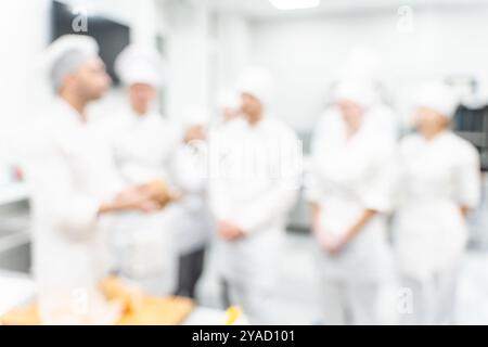 Sfondo sfocato: Un insegnante di cucina o uno chef conduce una master class sulla preparazione del pane per i suoi studenti nel laboratorio di produzione. Foto di alta qualità Foto Stock