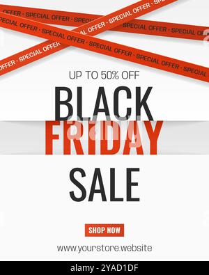 Striscione verticale con nastri in vendita per il Black Friday. Illustrazione Vettoriale