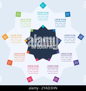 Modello infografico aziendale 9 passaggi, oggetti, elementi o opzioni infografica progettazione aziendale Illustrazione Vettoriale