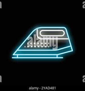Insegna al neon blu e bianco che si illumina su uno sfondo nero, a forma di ferro da stiro Illustrazione Vettoriale