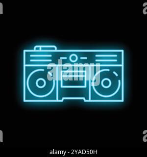 Insegna blu al neon che rappresenta un boombox che riproduce musica, con sfondo nero Illustrazione Vettoriale