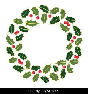 Corona natalizia con foglie e bacche di agrifoglio, bordo floreale dell'albero di agrifoglio, struttura botanica disegnata a mano a forma di vettore per auto d'accoglienza Illustrazione Vettoriale