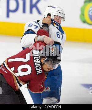 13 ottobre 2024, Loveland, Colorado, USA: Eagles D KEATON MIDDLETON scambia pugni con Roadrunners D MONTANA ONYEBUCHI durante il 2°. Sabato d'epoca alla Blue Arena. I Roadrunners batterono gli Eagles 4-2. (Credit Image: © Hector Acevedo/ZUMA Press Wire) SOLO PER USO EDITORIALE! Non per USO commerciale! Foto Stock