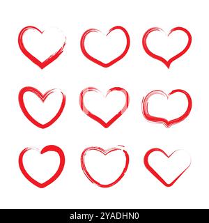 Una serie di contorni cardiaci su sfondo bianco. Una collezione di adesivi per il cuore. Icone per San Valentino. Illustrazione Vettoriale