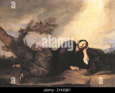 RIBERA, Jusepe de (B. 1591, Játiva, d. 1652, Napoli) Jacob's Dream 1639 olio su tela, 179 x 233 cm Museo del Prado, Madrid questo lavoro di Ribera ha un particolare interesse perché evita in modo evidente la solita iconografia del sogno di Giacobbe, coinvolgendo una scala. Invece, il sogno è suggerito solo da figure vaporose e dorate che potrebbero quasi far parte del vero cielo. Ma l'ambientazione del sognatore e il gioco di luce sul suo volto addormentato conferiscono un'atmosfera portentosa e misteriosa alla scena. --- parole chiave: --------------- Autore: RIBERA, Jusepe de Title: Jacob's Dream Foto Stock
