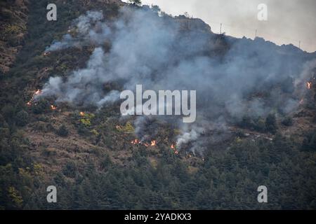 Srinagar, India. 13 ottobre 2024. Fiamme e fumo sorgono dalle colline di Zabarwan durante un incendio boschivo a seguito delle condizioni meteorologiche secche di Srinagar, la capitale estiva del Jammu e del Kashmir. (Foto di Saqib Majeed/SOPA Images/Sipa USA) credito: SIPA USA/Alamy Live News Foto Stock