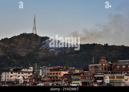 Srinagar, India. 13 ottobre 2024. Fiamme e fumo sorgono dalle colline di Zabarwan durante un incendio boschivo a seguito delle condizioni meteorologiche secche di Srinagar, la capitale estiva del Jammu e del Kashmir. (Immagine di credito: © Saqib Majeed/SOPA Images via ZUMA Press Wire) SOLO PER USO EDITORIALE! Non per USO commerciale! Crediti: ZUMA Press, Inc./Alamy Live News Foto Stock