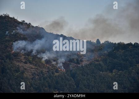 Srinagar, India. 13 ottobre 2024. Fiamme e fumo sorgono dalle colline di Zabarwan durante un incendio boschivo a seguito delle condizioni meteorologiche secche di Srinagar, la capitale estiva del Jammu e del Kashmir. (Immagine di credito: © Saqib Majeed/SOPA Images via ZUMA Press Wire) SOLO PER USO EDITORIALE! Non per USO commerciale! Crediti: ZUMA Press, Inc./Alamy Live News Foto Stock