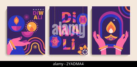 Imposta i volantini del festival Diwali con i simboli delle festività. Illustrazione Vettoriale