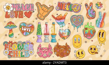 Cartoni animati con segni e simboli retrò di fiori vettoriali, emoji sorridenti, cuori e funghi con motivo arcobaleno. Funky segnali hippie di pace, lampade a movimento liquido psichedelico, gesti di pace e amore Illustrazione Vettoriale